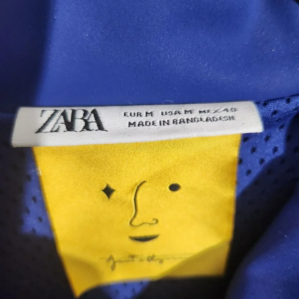 Zara Mens Blue Graphic Lightweight Jacket With Snap Buttons & Face Design